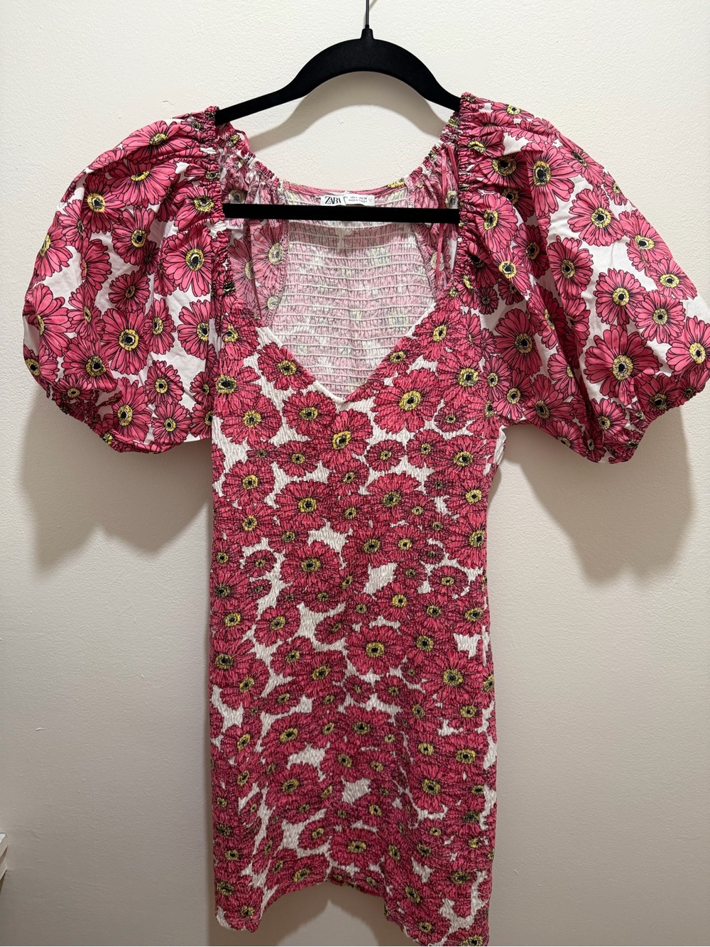 Zara Pink Floral Puff-Sleeve Mini Dress